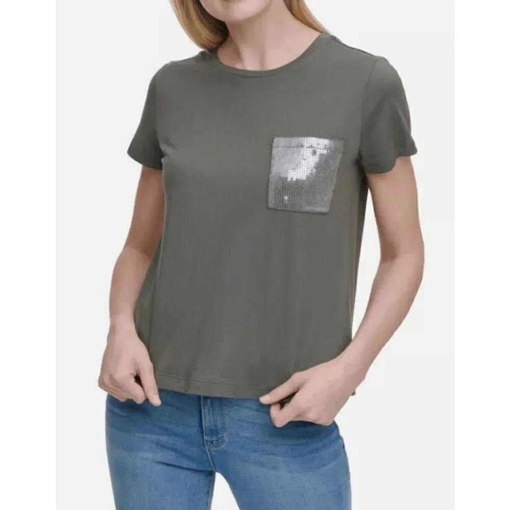 DKNY Women's Short Sleeve Sequin Pocket T-Shirt XS